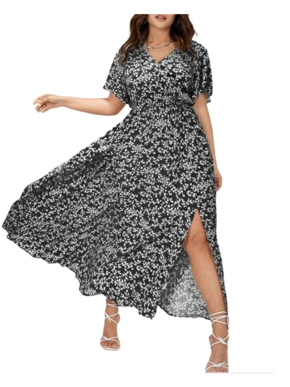 Bloomchic Black White Floral Maxi Dress Womens Sz 10 Flutter Sleeves V-Neck NEW